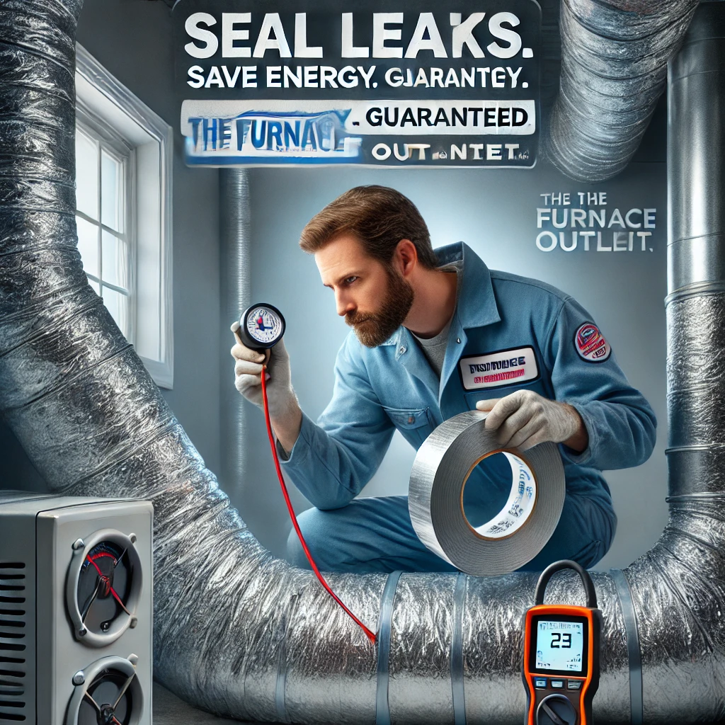 An HVAC technician uses a manometer and infrared camera to inspect ductwork inside a home, sealing joints with foil tape, while “Seal Leaks. Save Energy. Guaranteed.” and The Furnace Outlet business name appear in a clean branded banner.