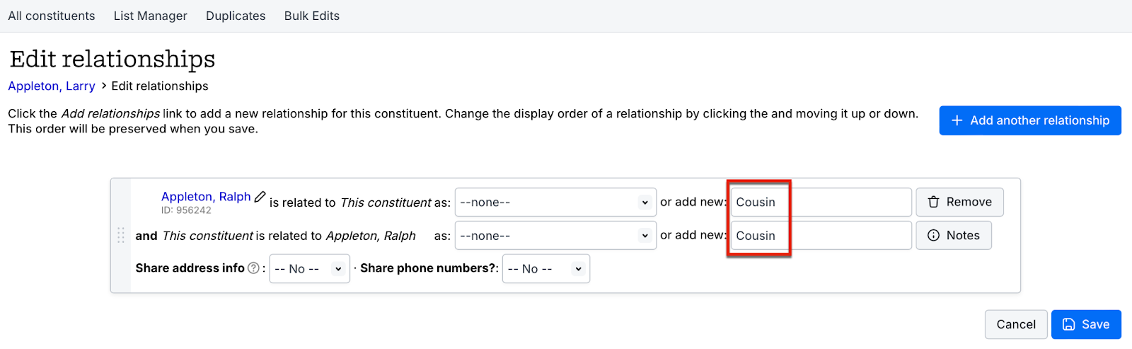 edit Relationships screen
