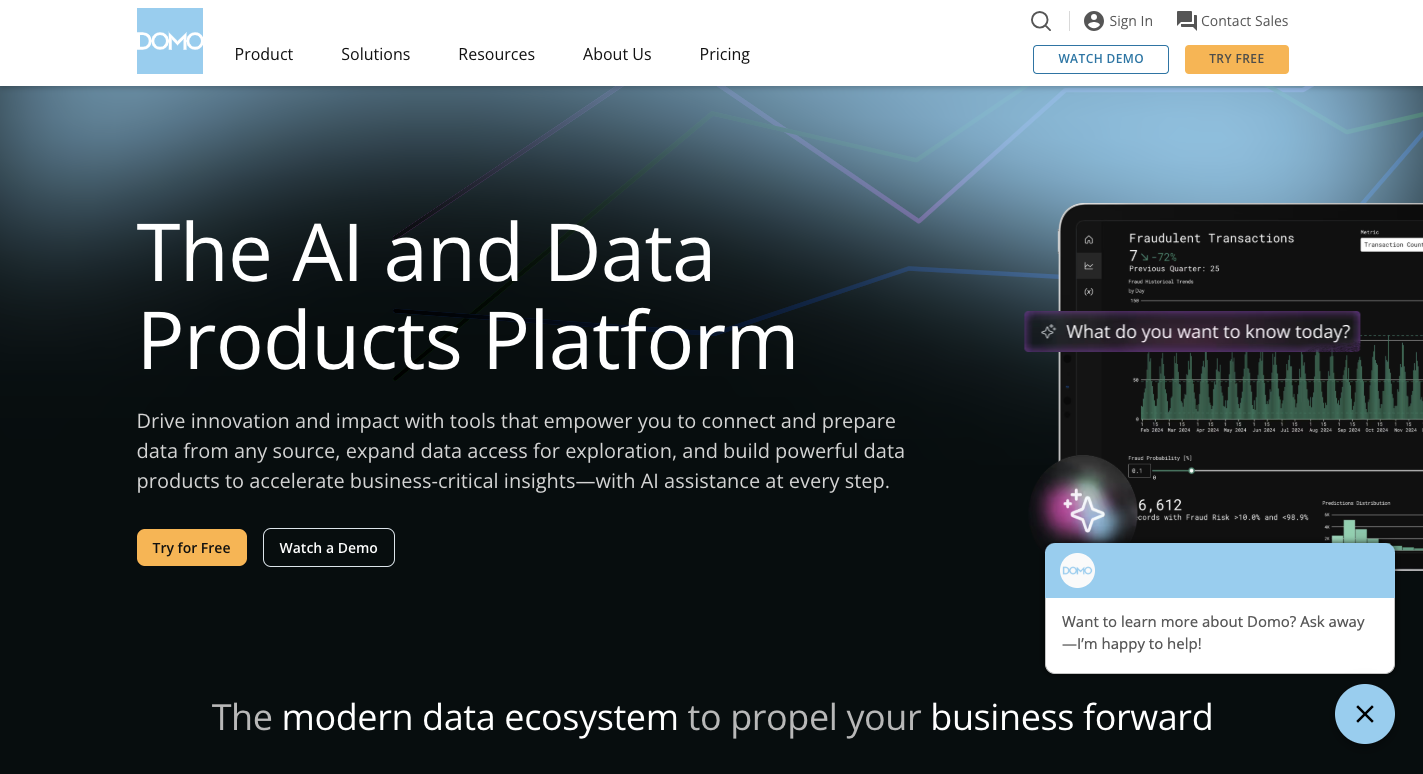 Domo analytics platform used by data analysts and marketing teams to analyze data from multiple sources and power advanced data processing tasks through artificial intelligence.