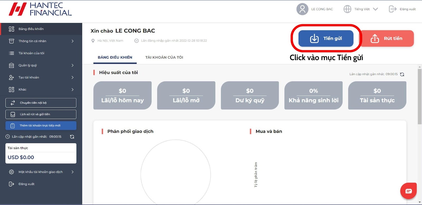 Click vào mục tiền gửi