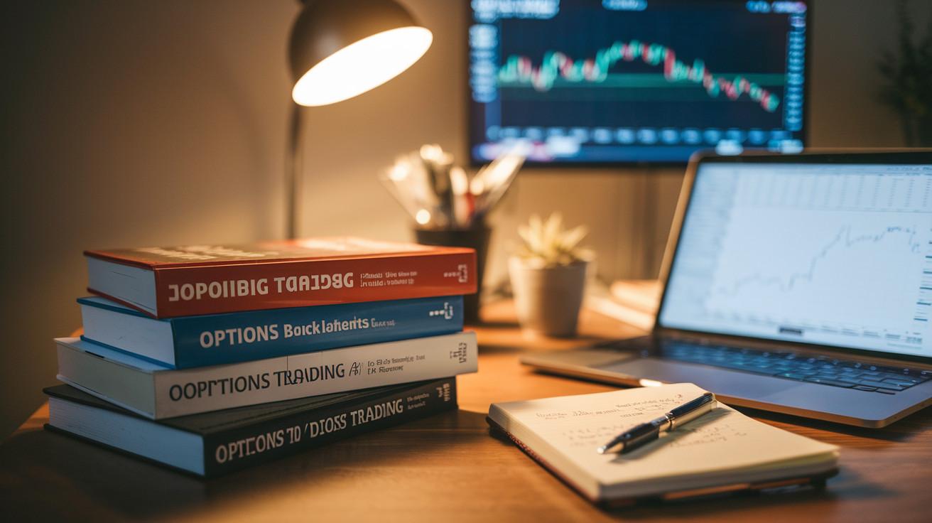 Create a realistic image of a desk with several options trading books stacked neatly, a laptop displaying stock charts, a notepad with handwritten notes, and a pen. The scene is illuminated by warm desk lamp light, creating a studious atmosphere. In the background, a blurred stock market ticker or chart is visible on a wall-mounted screen.