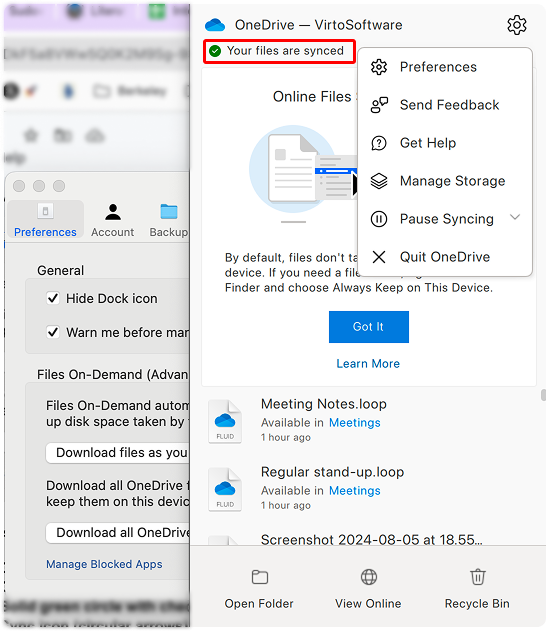 Pic. 5. Locating sync status for the OneDrive app for Mac.