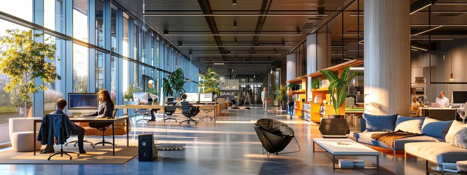 Modern office interior featuring sustainable design elements, large windows for natural light, greenery, and collaborative workspaces, reflecting eco-friendly construction practices in Wakefield.