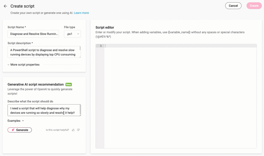 Screenshot of Ateras AI script generator.