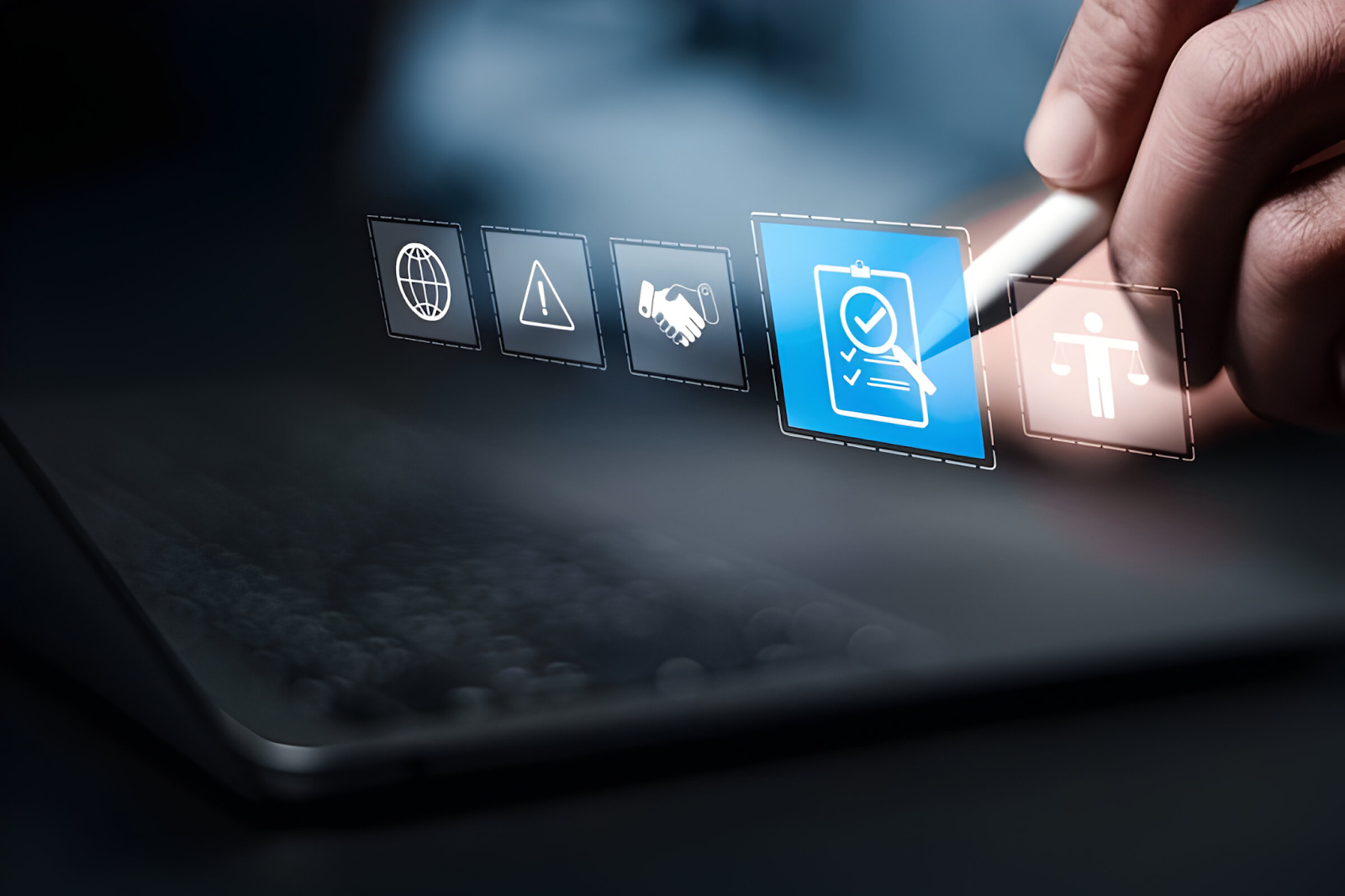 Person selecting a checklist icon on a virtual screen, symbolizing the continuous commitment to adherence to ethics in accounting.