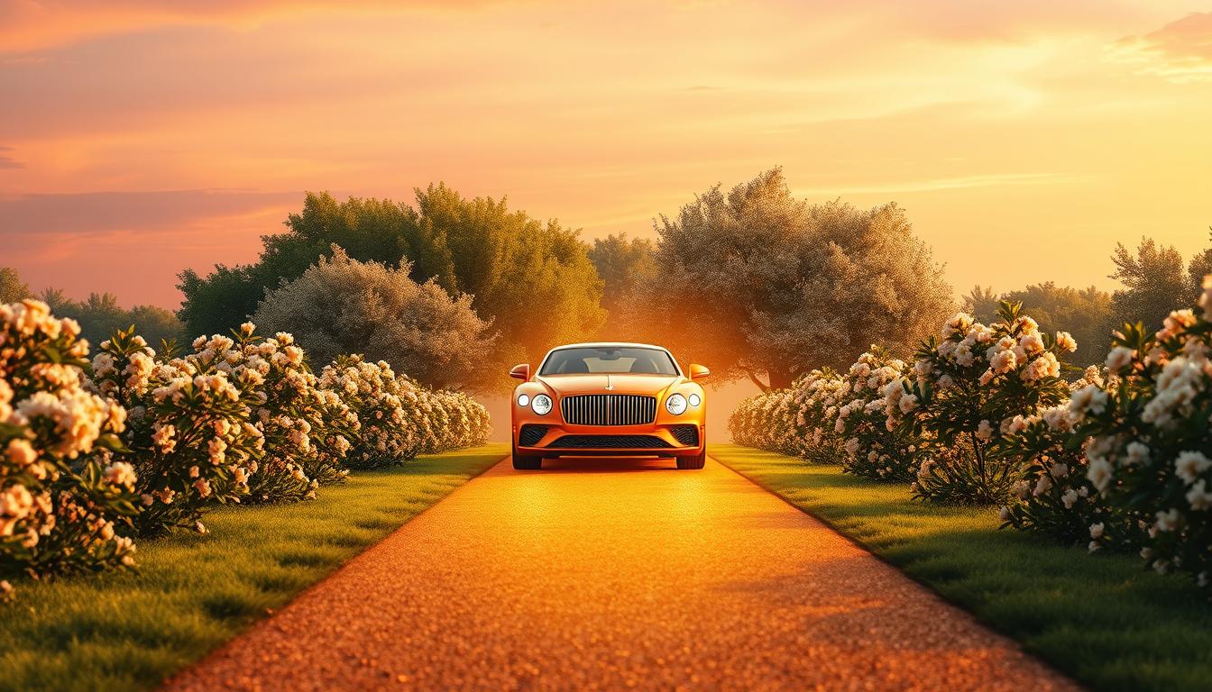 A golden road leading to a luxurious car surrounded by lush trees and blooming flowers. The sky is clear with shades of pink and orange, giving off a warm and positive energy. The car is shining bright, reflecting the abundance of the universe. The image radiates opulence and prosperity, representing the abundance mindset necessary to manifest one's dream car and attract success in life.