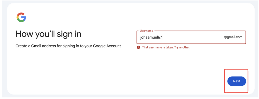 creating a username in Gmail