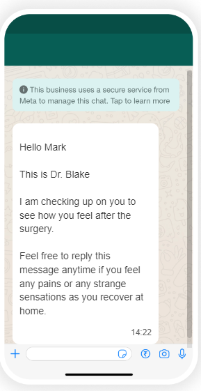 Post-treatment follow-up message on WhatsApp for a patient from a healthcare institution