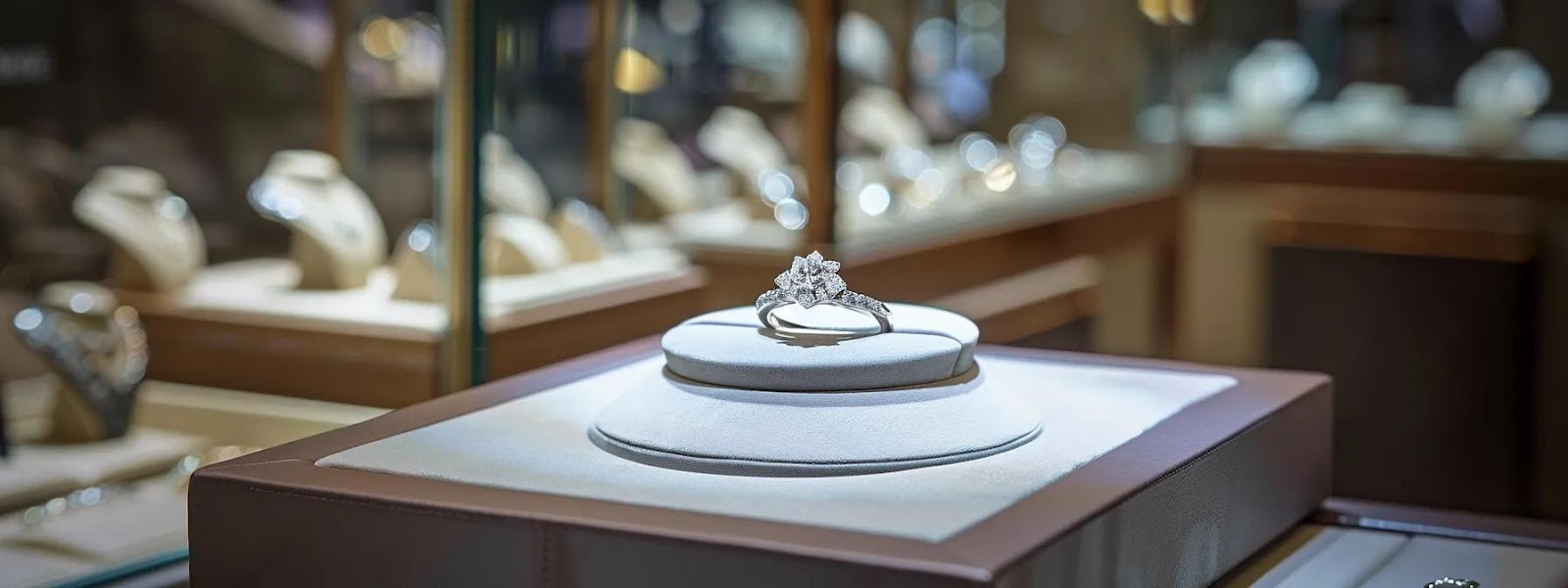 an elegant jewelry display showcases a stunning engagement ring with a sparkling diamond swap alongside vibrant gemstone options, set in a modern, well-lit boutique environment that emphasizes luxury and creativity.