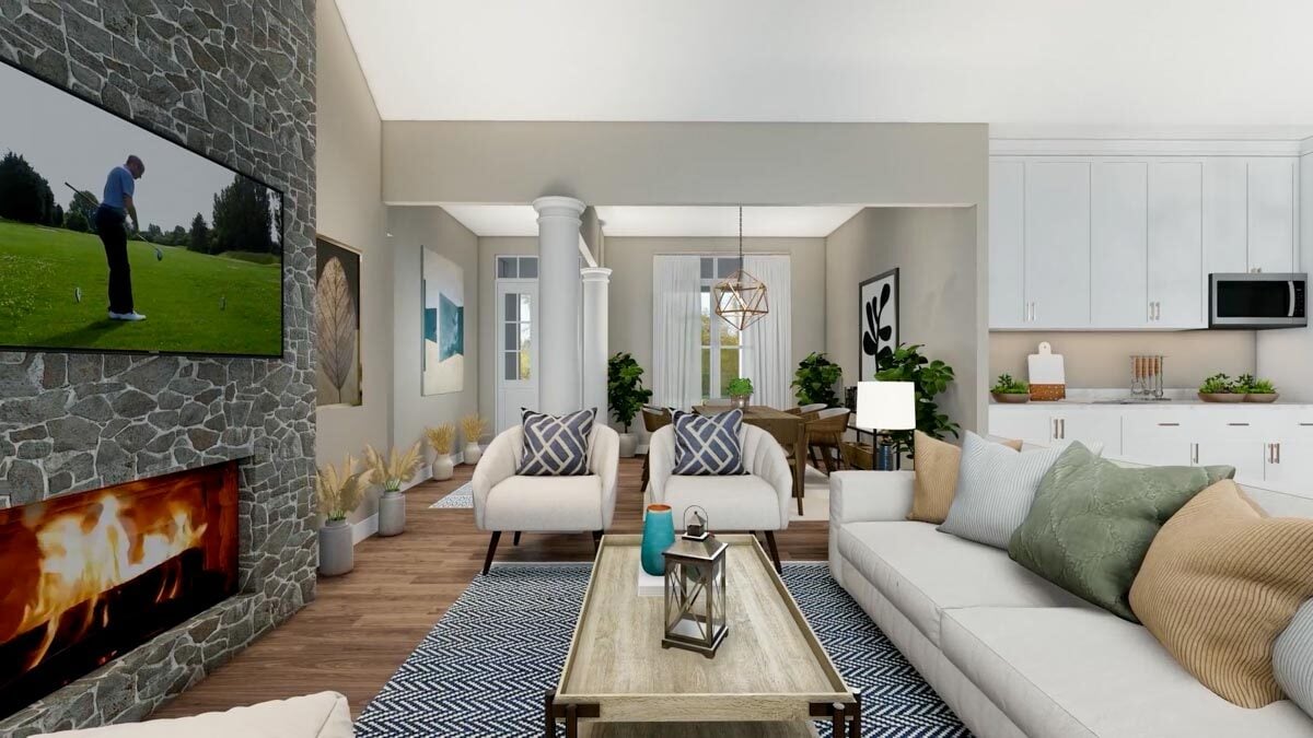 Beige upholstered seats paired with a wooden coffee table surround the stone fireplace.