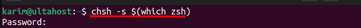 Terminal showing command to change default shell to Zsh with chsh -s $(which zsh) and confirmation prompt