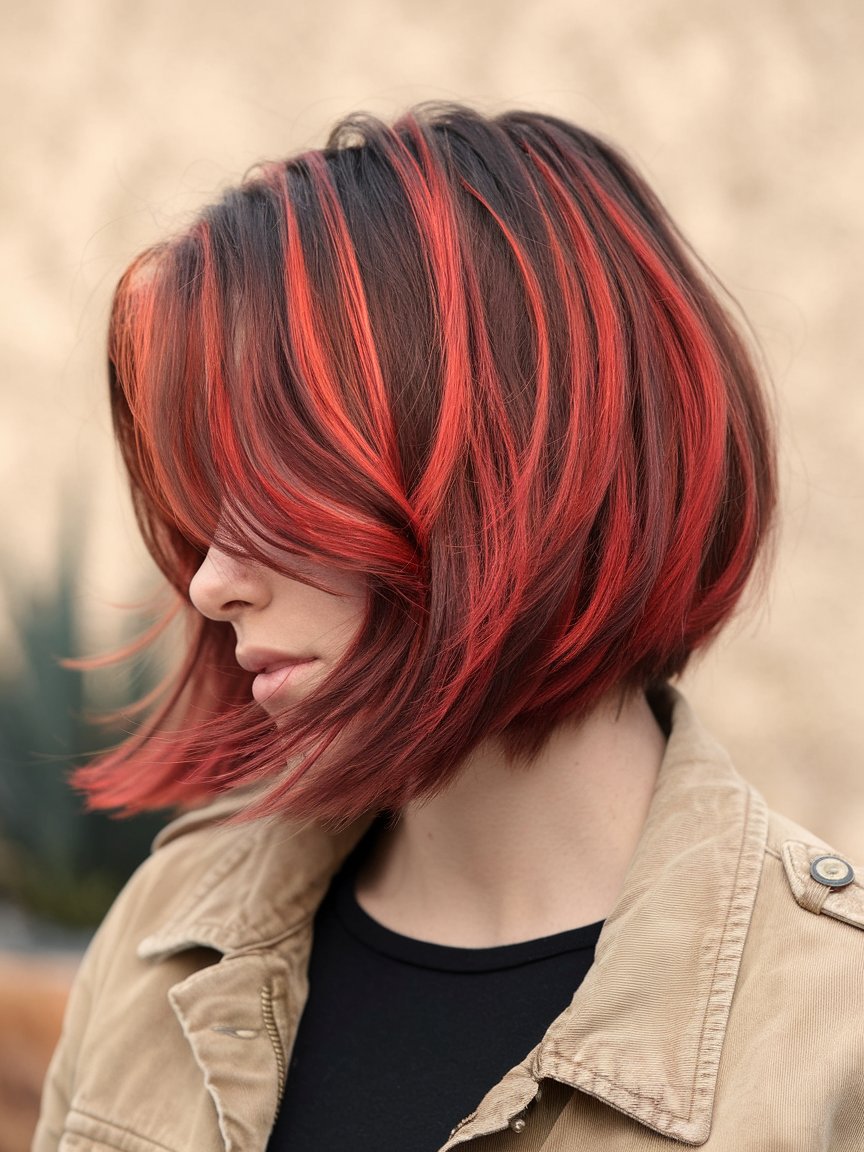 81. Stacked Choppy Bob with Vibrant Red Highlights