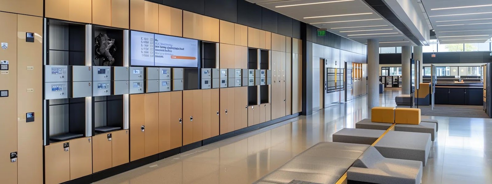 a sleek, modern office interior displays an array of high-quality storage lockers in various styles, with a digital interface showcasing competitive pricing and specifications on a large screen, emphasizing the convenience of finding the best deals for organizations.