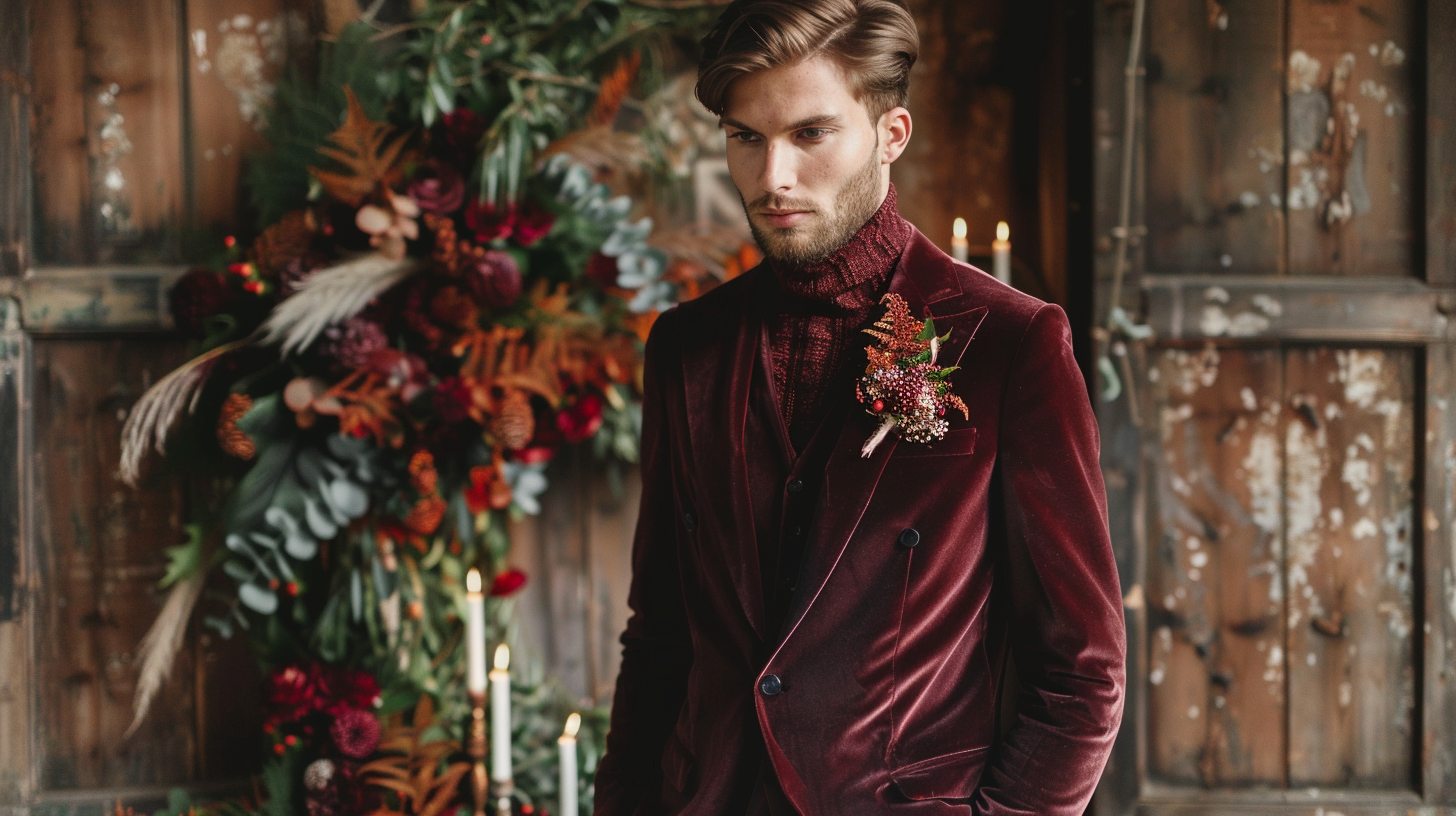 A groom in a dark velvet or wool suit--burgundy or deep green--for a winter or fall wedding. Rich texture, layered with a turtleneck or tie, set in a candle-lit or rustic venue.