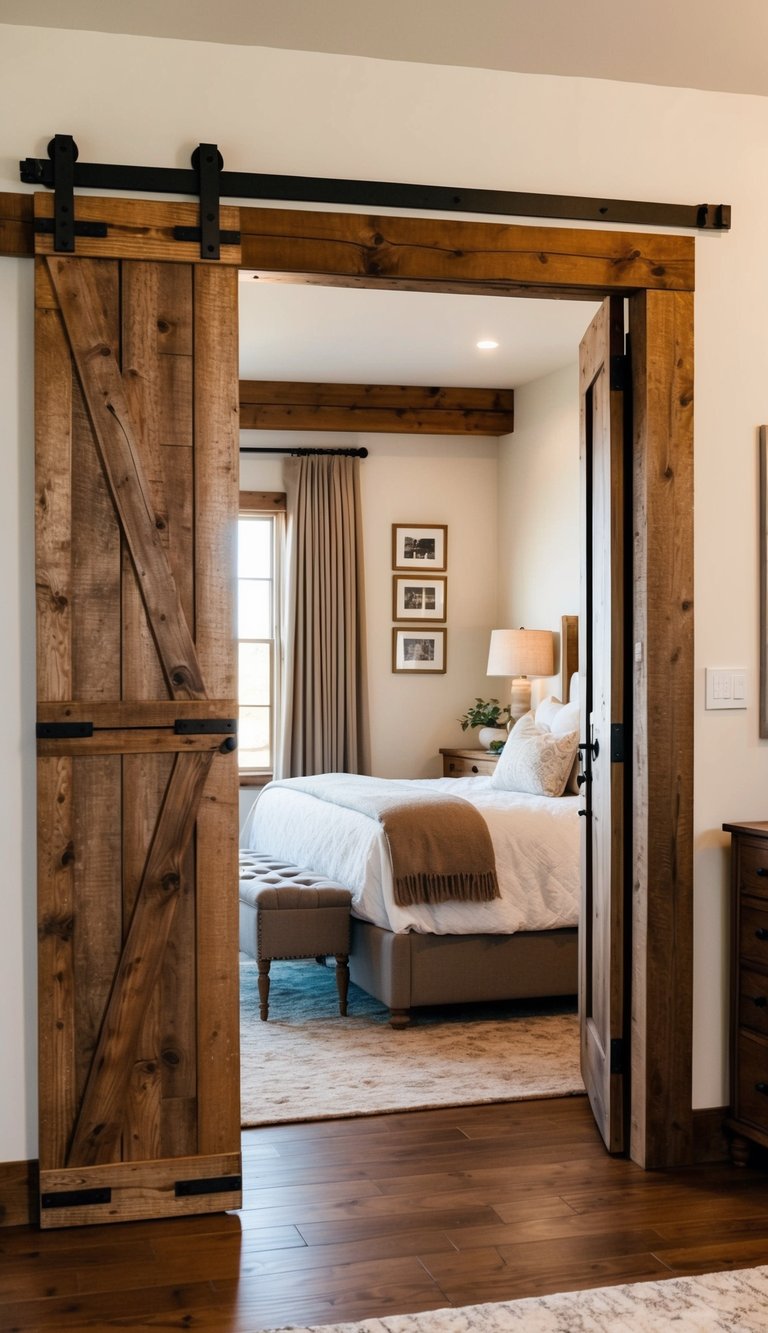 A rustic barn door opens to reveal a cozy master bedroom, perfect for couples seeking a romantic retreat