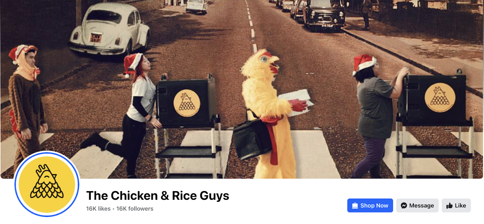 The Chicken & Rice Guys' Facebook cover photo showing employees in a costume walking across the crosswalk featured on The Beatles' Abbey Road album cover.