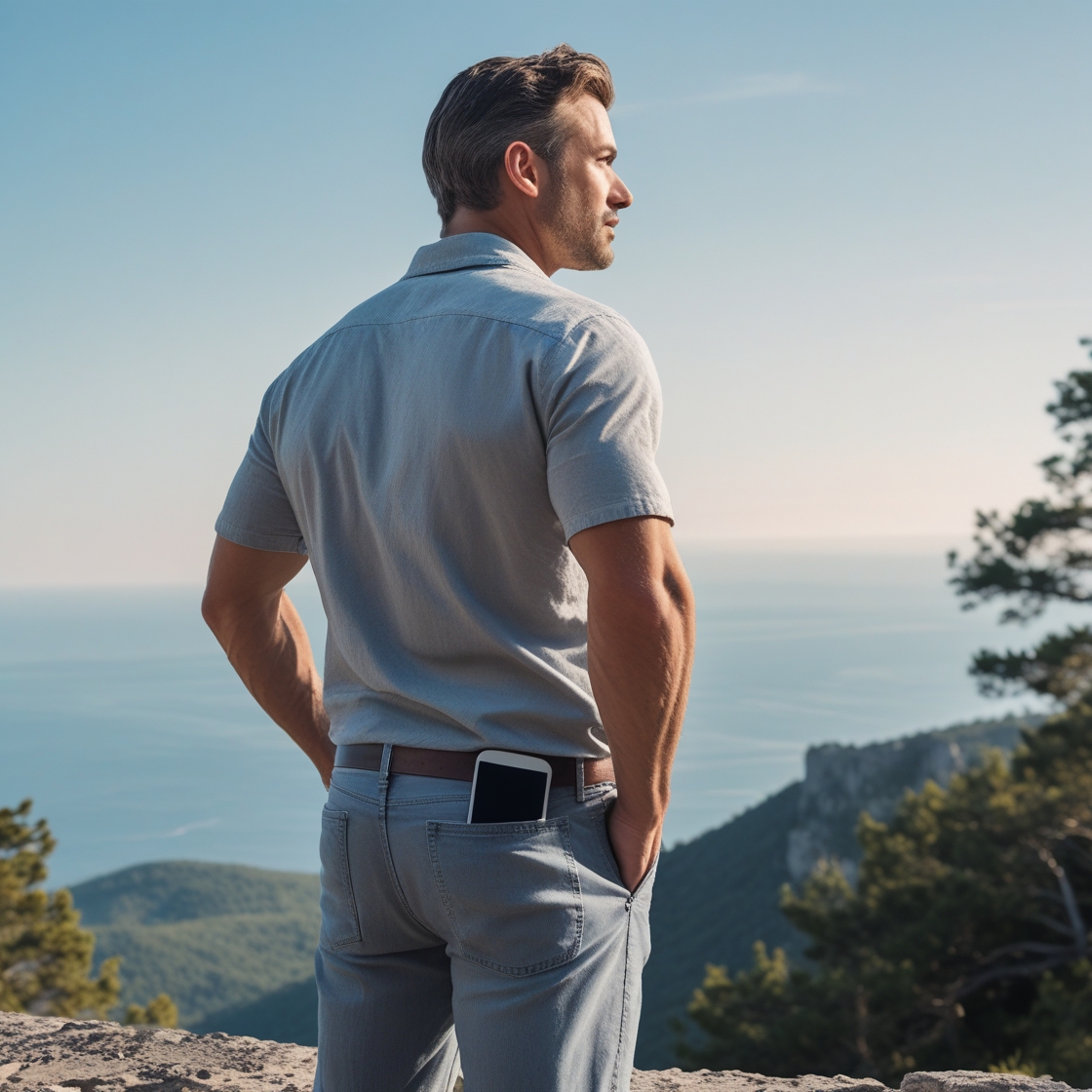 A man standing at the edge of a scenic overlook, phone in his pocket, looking ahead at the horizon—symbolizing detachment from digital obsessions