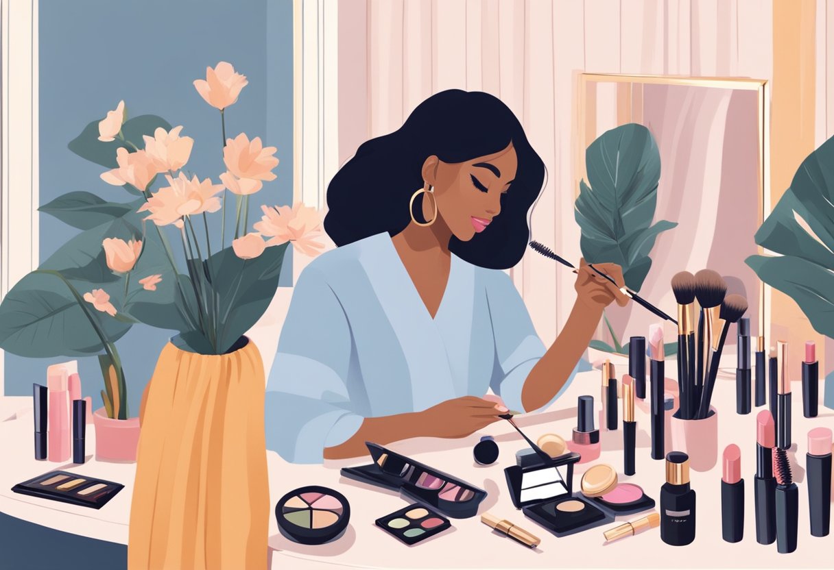 A woman applying mascara with a gentle hand, surrounded by various eyelash-friendly makeup products on a vanity table