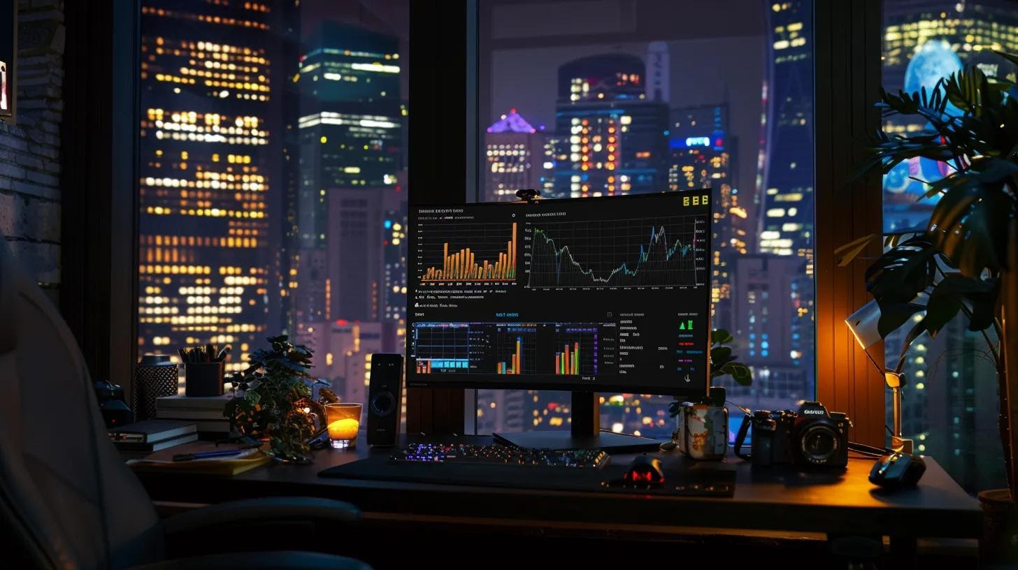 a vibrant urban office setting showcases a sleek computer screen displaying dynamic graphs and analytics, symbolizing the discovery of niche keyword opportunities in the bustling landscape of playas del coco.