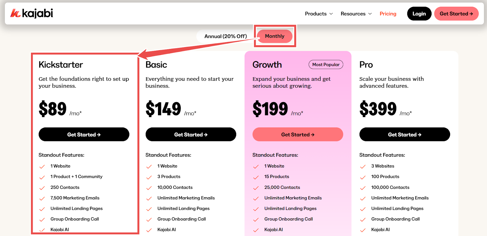 Kajabi pricing page, Kickstarter plan