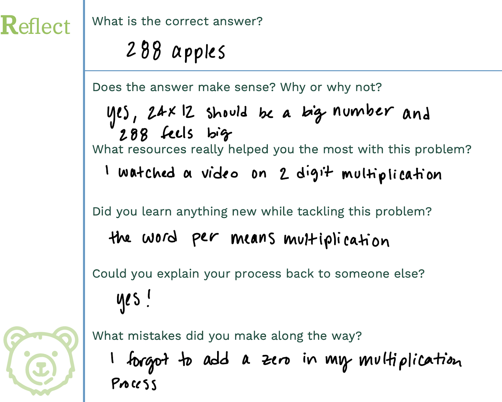 handwritten notes reflecting on a multiplication problem