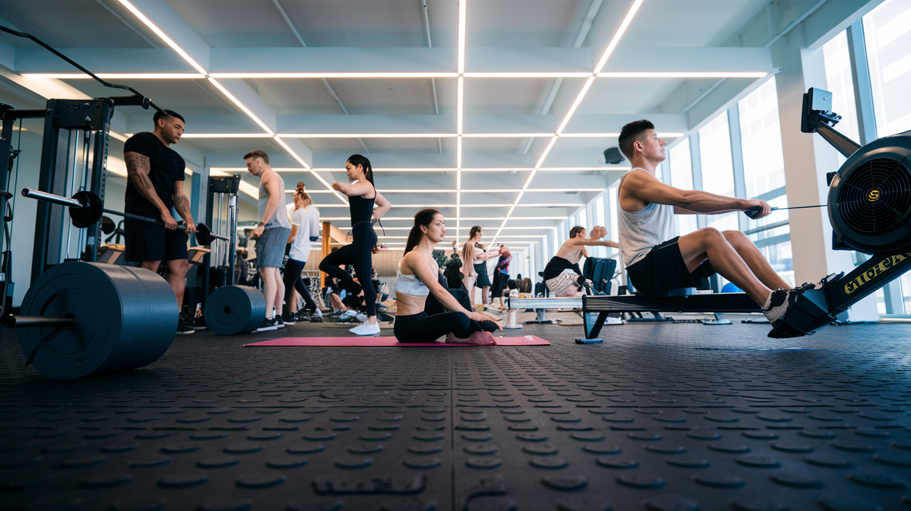 Create a realistic image of a modern gym interior with rubber flooring rolls visible across the floor, showing a diverse group of people exercising - including a Black male using weights, an Asian female on a yoga mat, and a White male using a rowing machine. The scene should highlight the durability of the rubber flooring under heavy equipment, with bright overhead lighting revealing the textured, non-slip surface in a professional fitness environment.