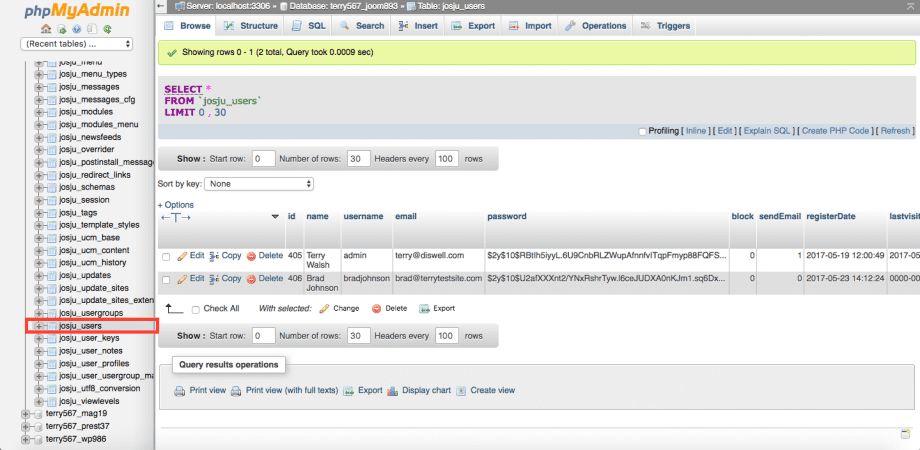Une autre capture d'écran de la barre latérale de phpMyAdmin.