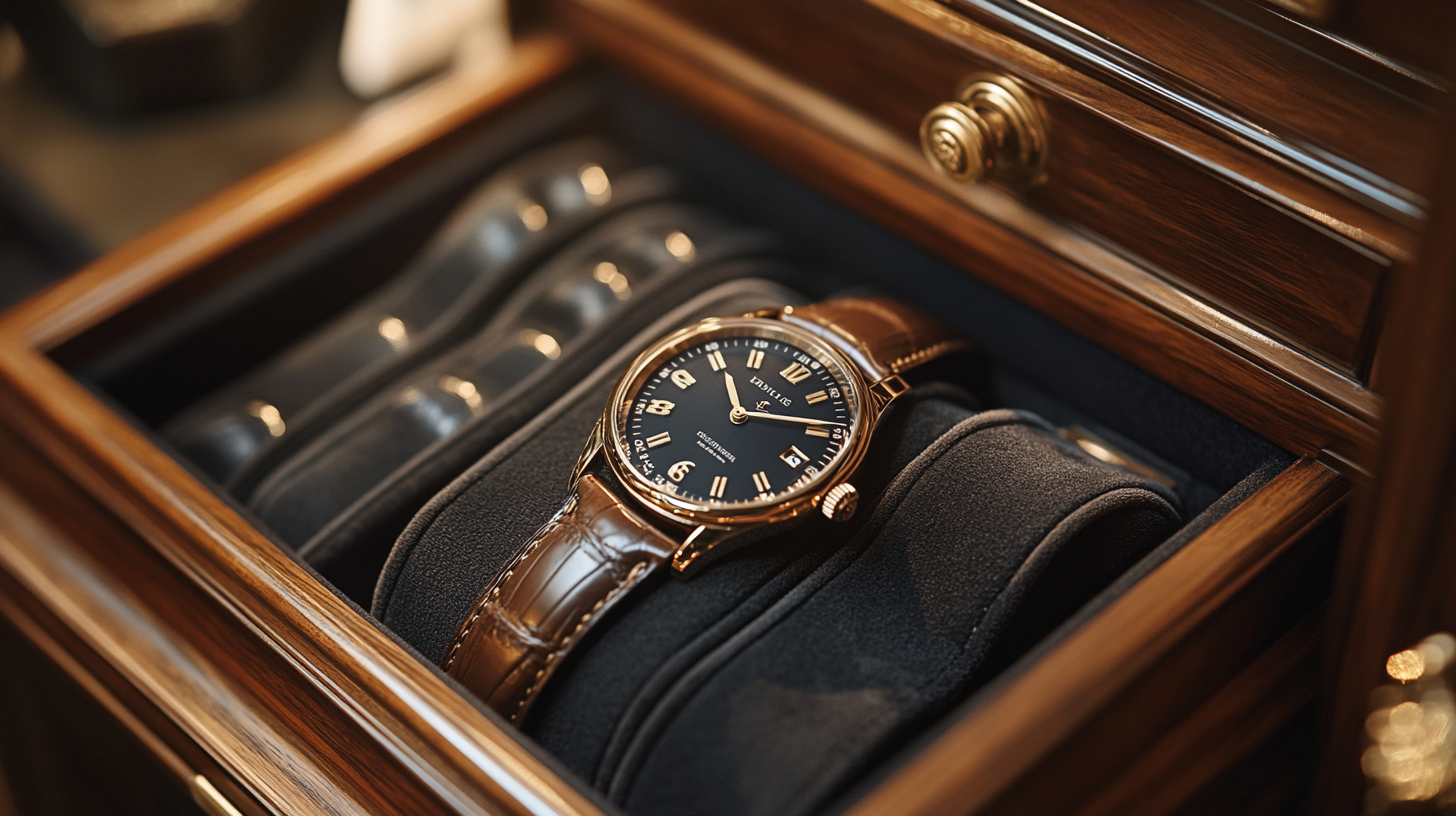 A luxurious wristwatch resting inside an elegant wooden wardrobe. The watch has a sleek leather strap and a polished metal case, reflecting soft light. The wardrobe’s dark wood and velvet-lined shelf create a refined, classic atmosphere.