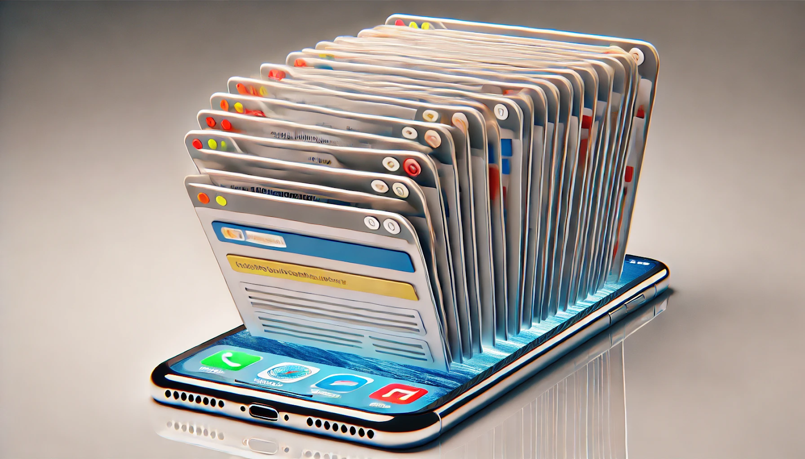 A digital illustration of an iPhone screen displaying an exaggerated number of open tabs in a web browser.