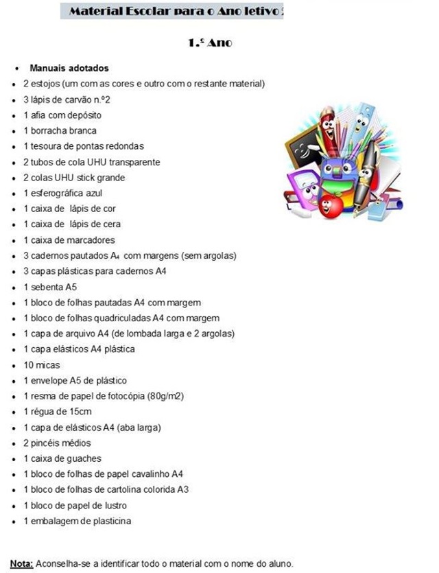 Lista de material escolar 1 ano
