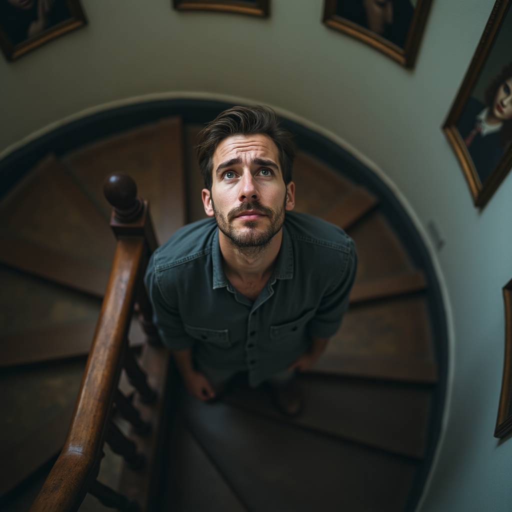 Man standing on a spiral staircase, looking up, symbolizing the emotional journey through the stages of breakup grief.