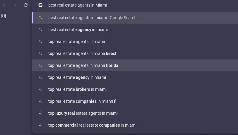 Google search for real estate in miami