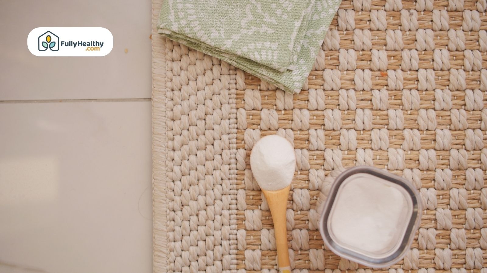Baking soda and cloth on woven rug