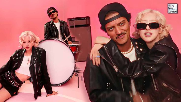 This contains a picture of Rosé and Bruno Mars that are standing in front of a pink background with guitars and drums