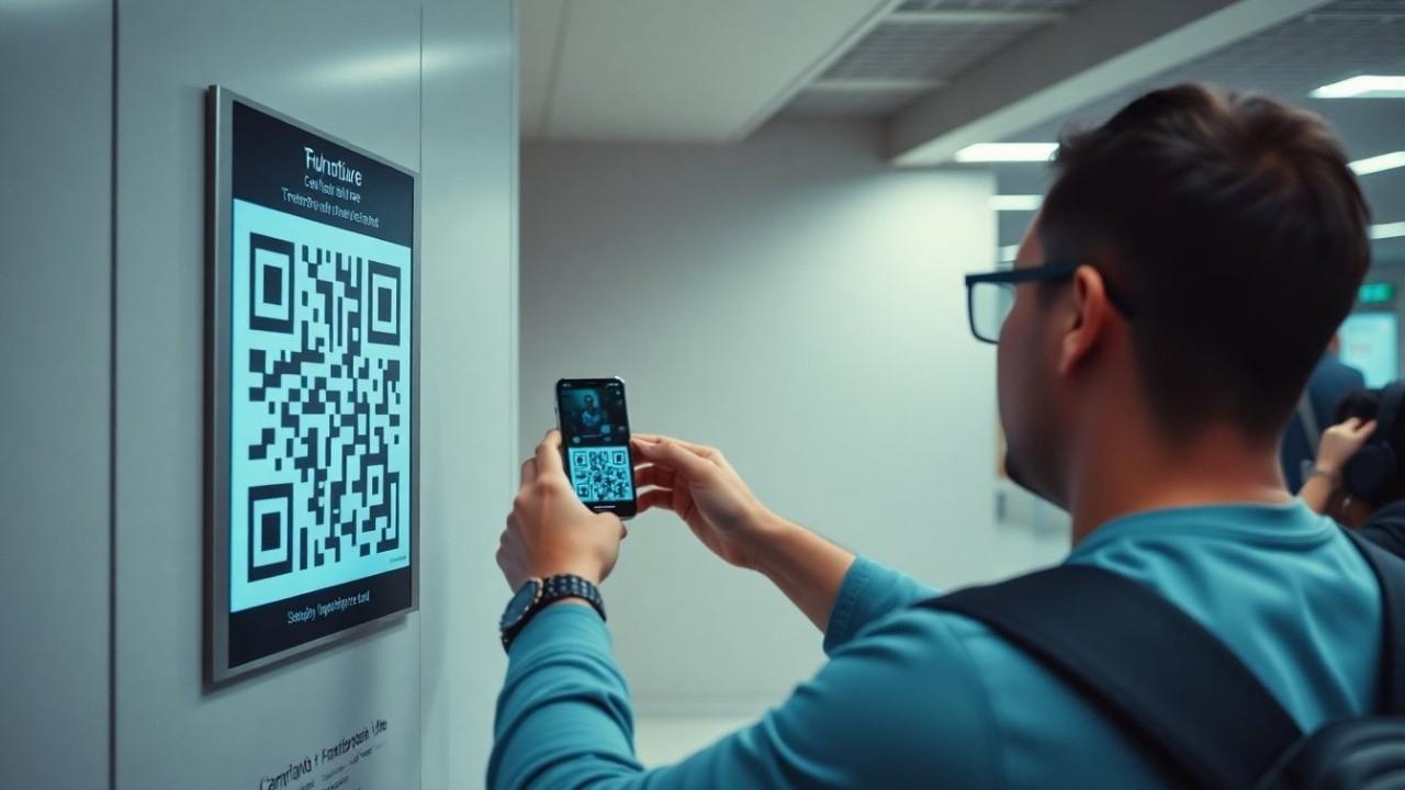 Person scanning a QR code on a public screen indoors with their mobile phone