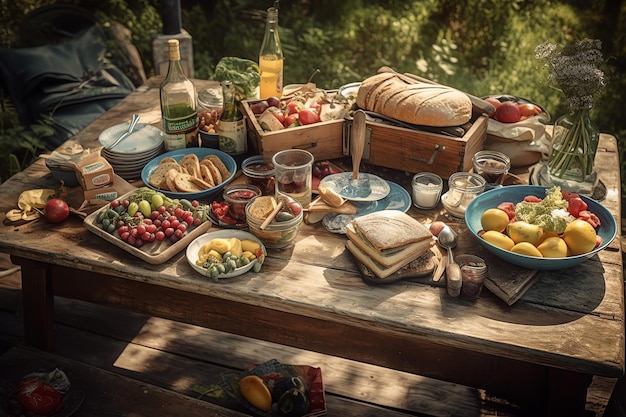 Una tavola imbandita con pane, frutta e vino.