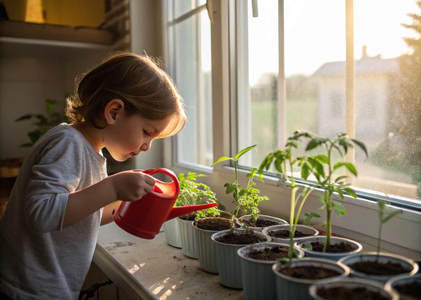 Criança regando mudas de tomate, oficina de jardinagem indoor