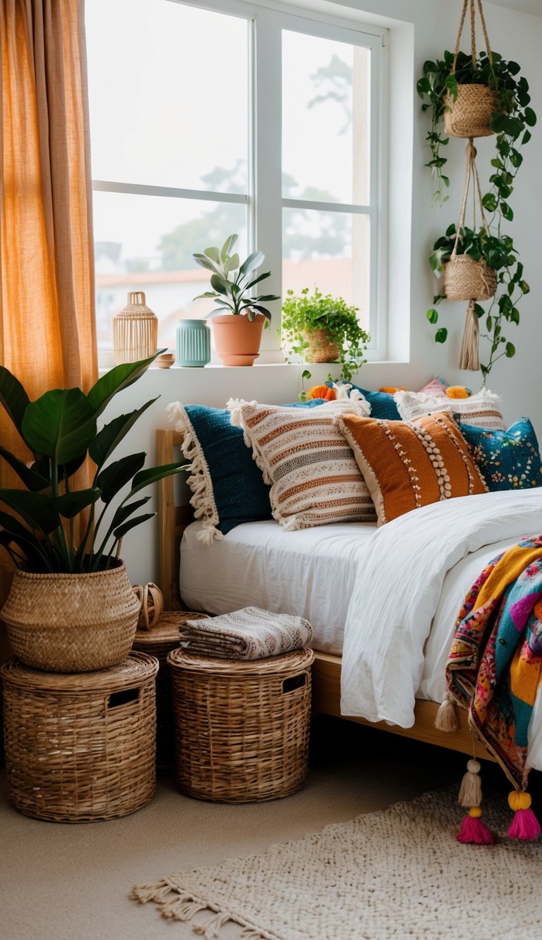 A cozy boho bedroom with wicker storage baskets, plants, and colorful textiles