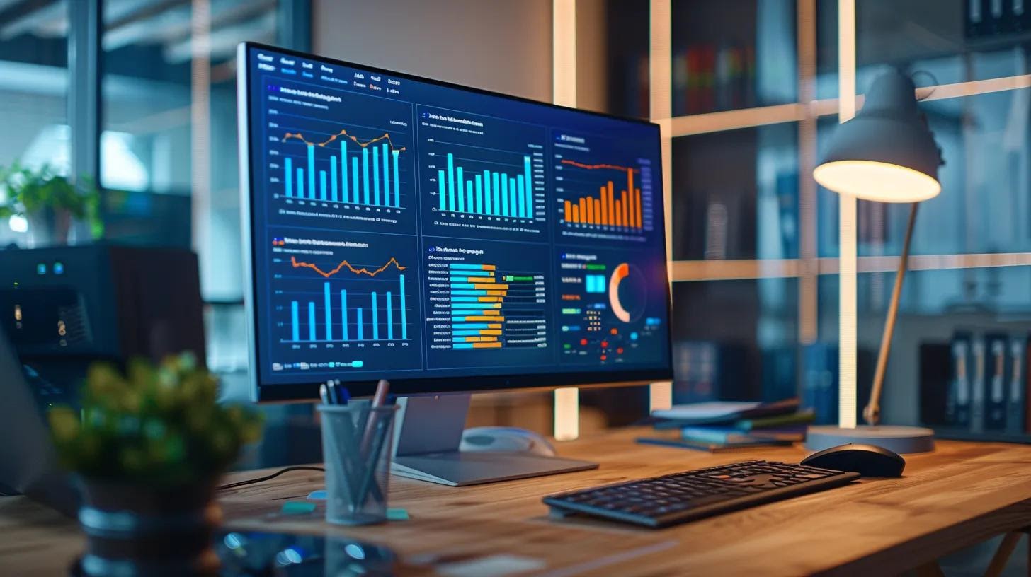a sleek office environment features a modern computer screen displaying vibrant seo analytics dashboards, with colorful graphs and insights, emphasizing key features like keyword research, rank tracking, and comprehensive site audits, illuminated by soft, professional lighting.