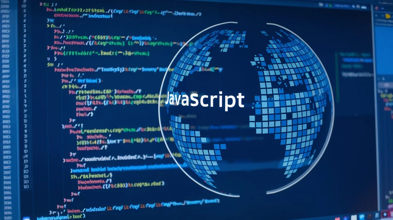 A web developer’s screen with JavaScript code and a globe made of code, representing the global dominance of JavaScript.