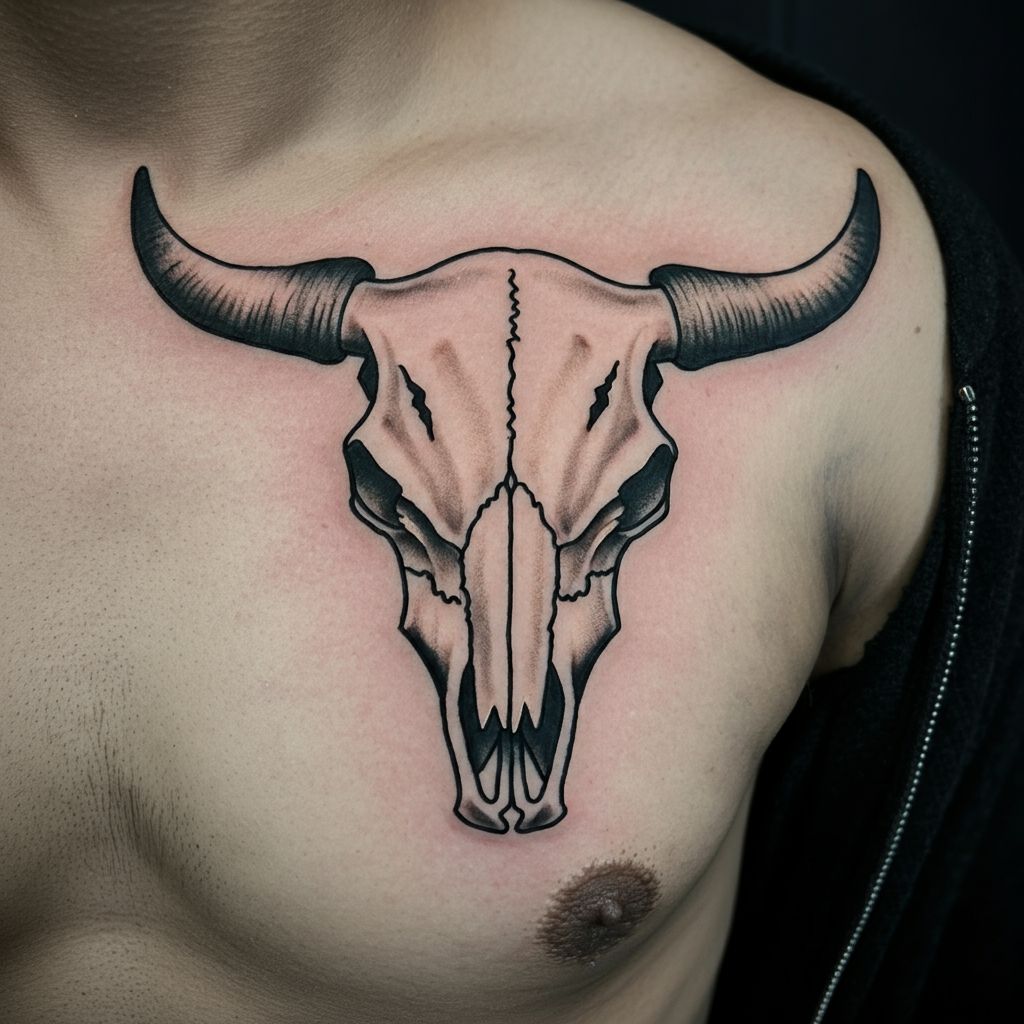 Cow Skull Tattoo on chest 