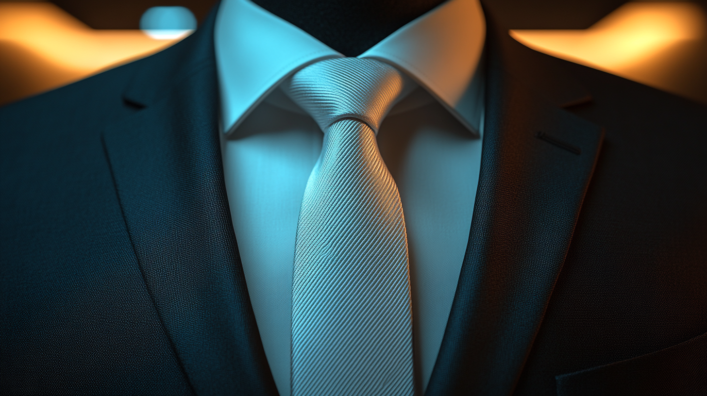 A close-up image of a white tie neatly hung on a hanger, creating a sharp contrast against the black suit. The tie looks crisp and formal, perfect for upscale events. The lighting highlights its clean, bright appearance. Ultra-detailed, 8K resolution.