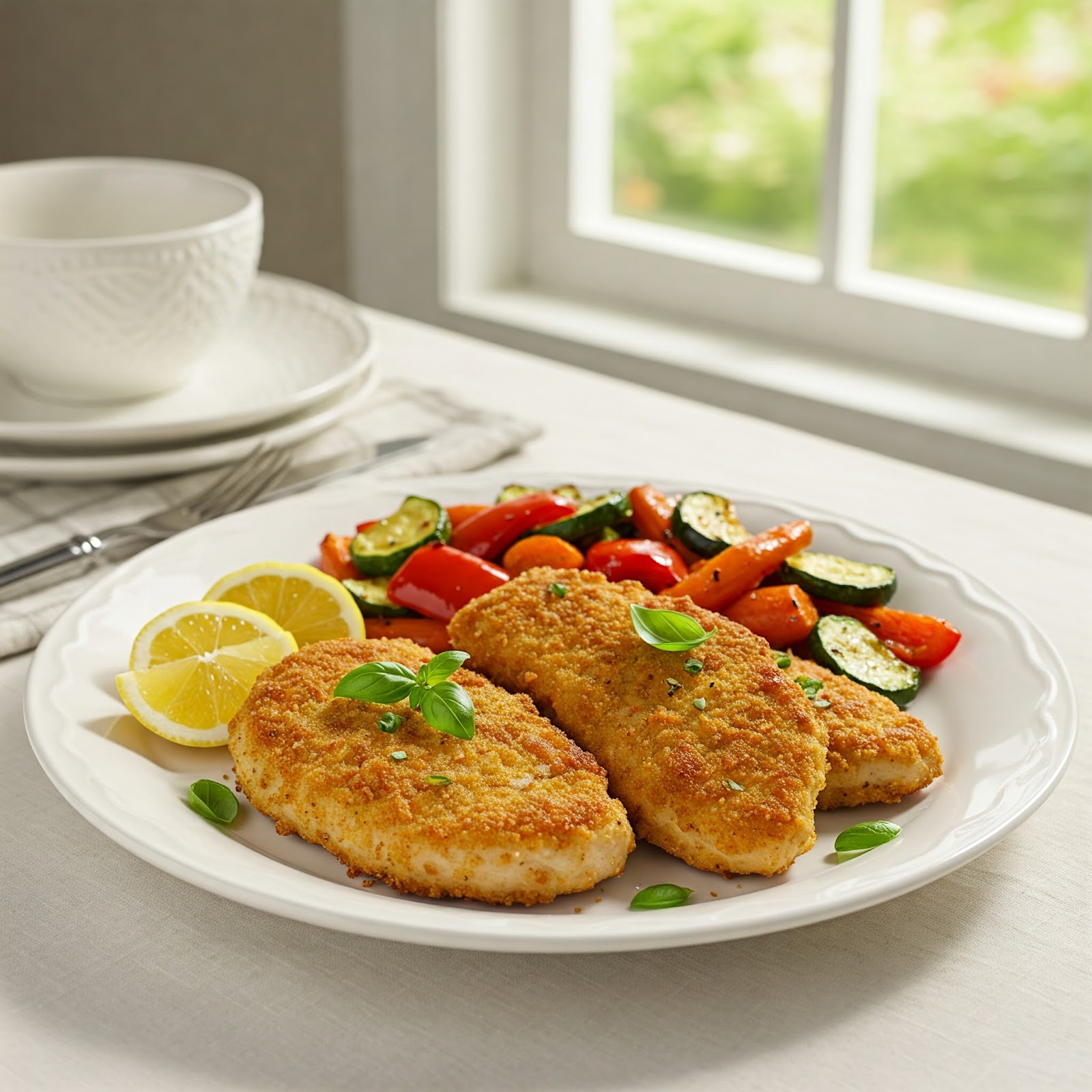 in a white ceramic plate, breaded turkey cutlets served with vegetables and lemon wedges