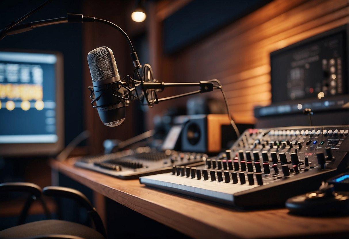 A recording space with soundproof walls, acoustic panels, and diffusers. Microphones, headphones, and a mixing board on a desk. Soft lighting and comfortable seating