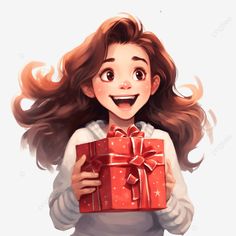 This contains: happy girl opening christmas gift concept illustration surprise woman gift open present png