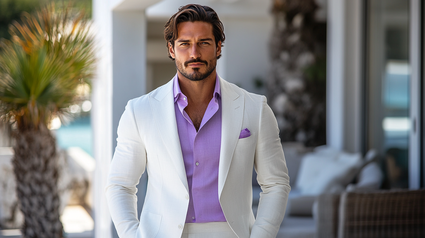 A man in a crisp white suit, paired with a soft lavender shirt and sleek black shoes. The subtle pop of lavender adds a refined, sophisticated touch to the classic white suit, making the look perfect for both formal and semi-formal occasions. The outfit is clean and polished, with the contrast between the white suit and lavender shirt creating a modern yet elegant vibe. The groom or guest stands confidently at a sophisticated venue, exuding charm and style with this balanced, chic ensemble.