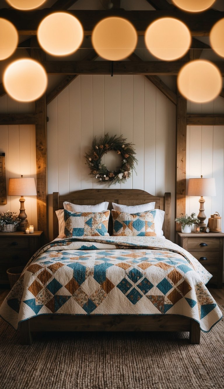 A cozy bedroom with a patterned quilt set on a rustic bed, surrounded by country farmhouse decor and warm lighting