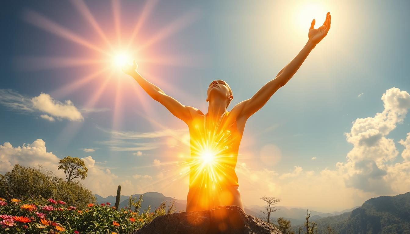 An image depicting a person standing on top of a mountain, with their arms raised towards the sky and a bright, vibrant energy emanating from their body. The surroundings should be lush and green, with an abundance of flowers and trees. The sun should be shining brightly in the sky, casting its warm rays on the person. Show the person's face with a serene expression, as they connect with the powerful energy of the universe and raise their own vibrations to manifest their desires. Use warm colors such as yellow, orange, and red to convey a sense of warmth and positivity.