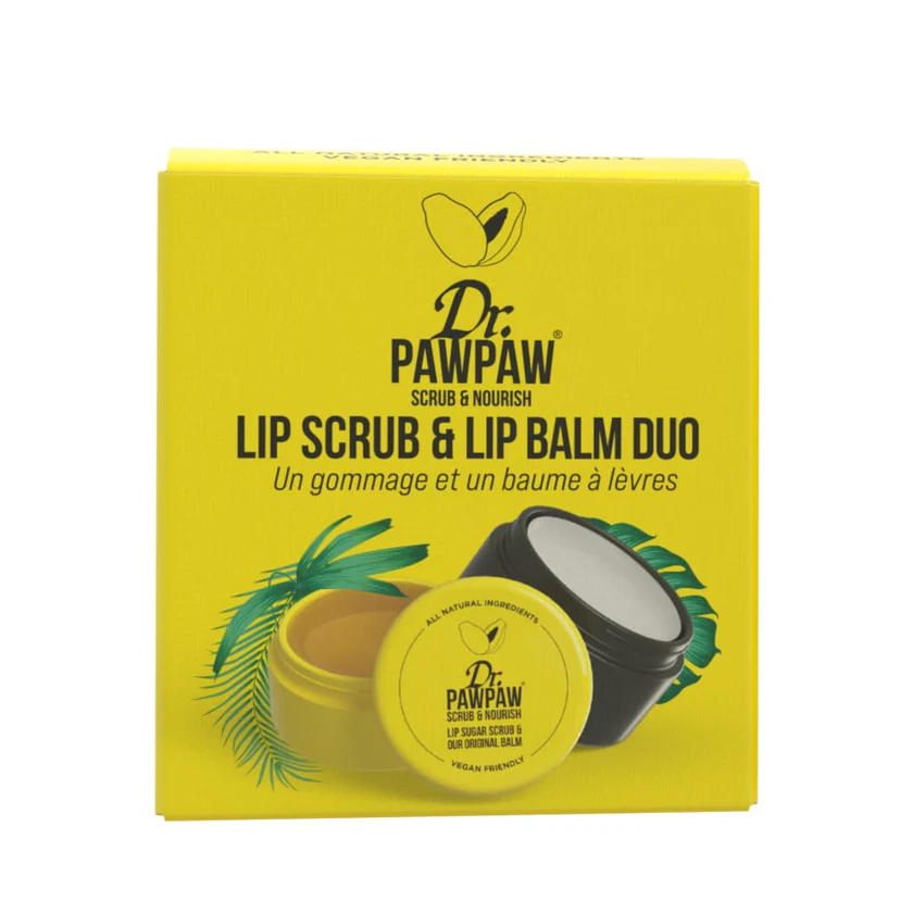 Yellow box of Dr. PAWPAW Lip Scrub and lip Balm Duo with small jars of product.