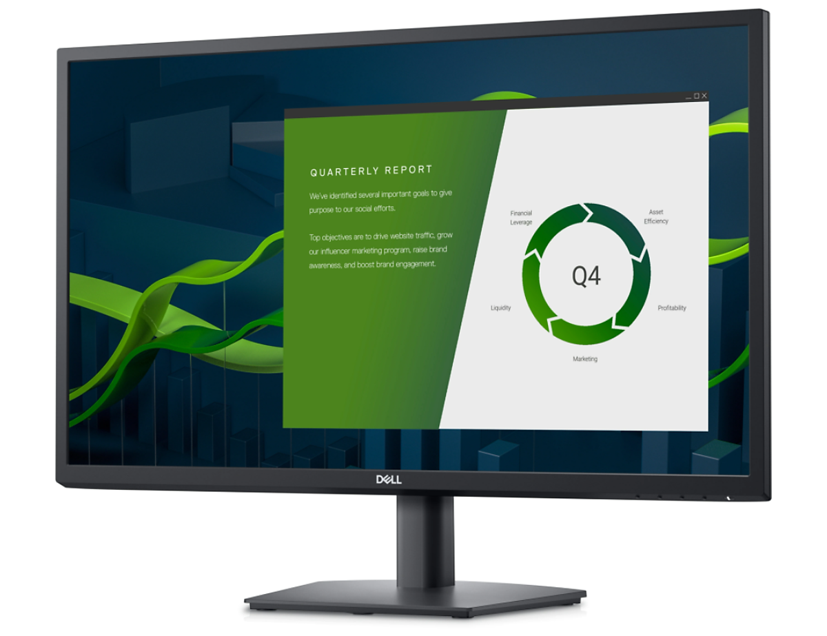 A computer monitor with a green and white graphic

Description automatically generated